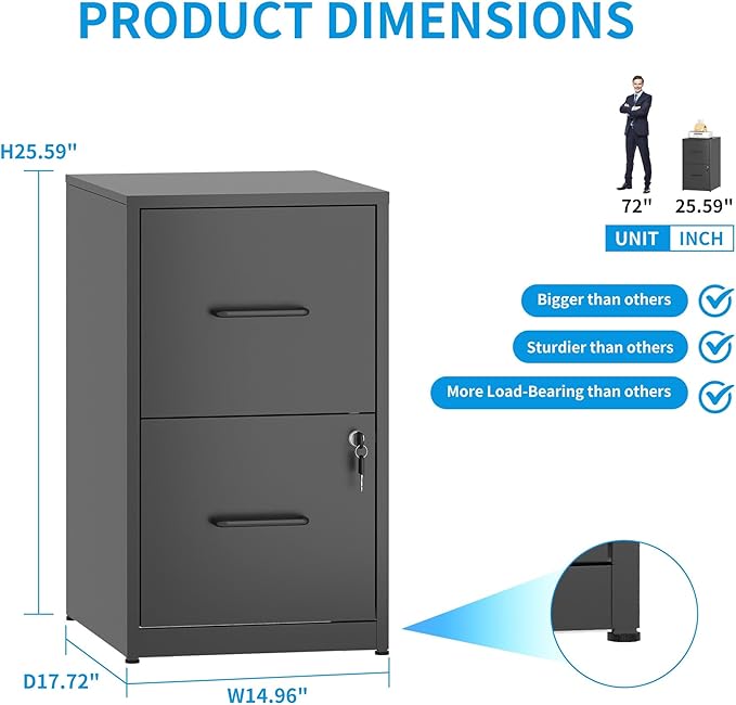 2 Drawer File Cabinet, Metal Vertical Filing Cabinet Under Desk Storage, Small Locking File Cabinets for Home Office, Easy Assemble(Black)