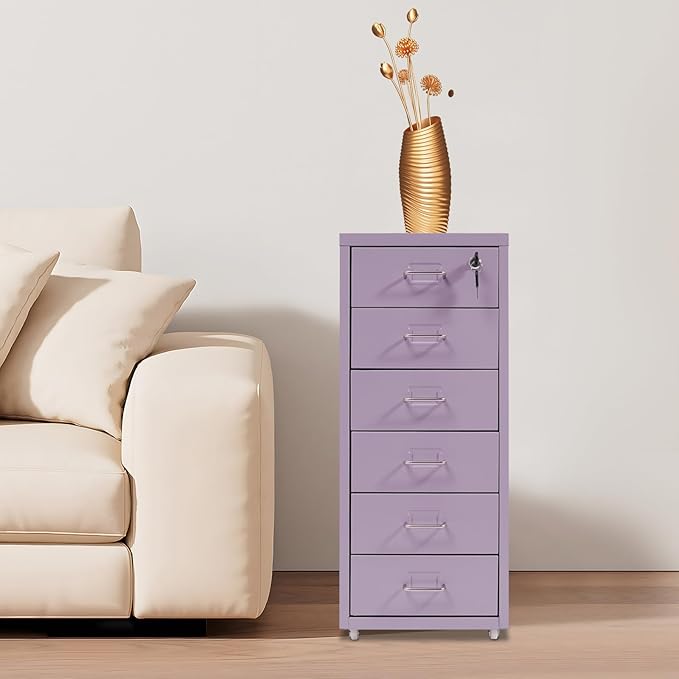 Vertical File Cabinets | 6 Drawer File Cabinet with Lock | Steel Lockable Storage Cabinets | Metal S-torage Cabinet for Home Office | storage A4/F4/Letter/Legal | With 4 Wheels | 2X Keys (Purple)