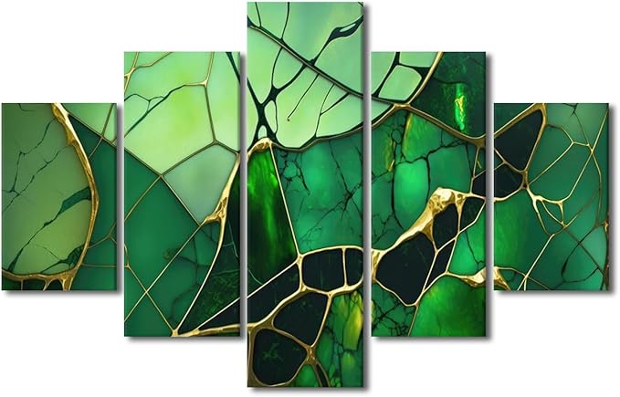 Abstract Canvas Wall Art Decor Modern Office Wall Art Green Colorful Glass Window Abstract Poster Prints 5 Panel Wall Art for Men Lady Living Room Decor Strethched and Framed Ready to Hang 60x40 in