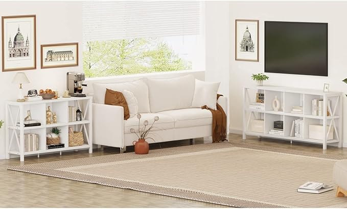 FATORRI 8 Cube Storage Organizer Bookshelf, 62 Inch Modern Wood Horizontal Bookcase, Farmhouse Cube Long Book Shelf, TV Console Stand for Living Room (White Oak)