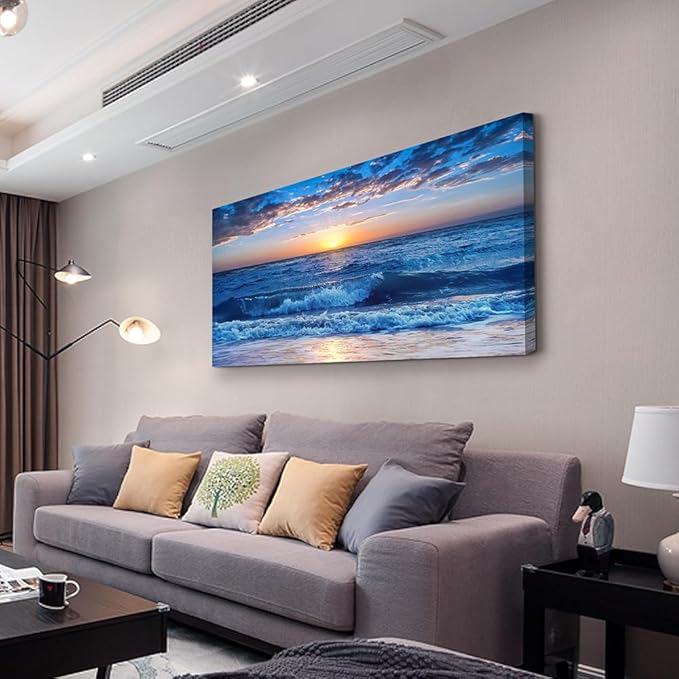 Wapluam Large Canvas Wall Art For Office Farmhouse Living Room Ocean Beach Wall Paintings Blue Sea View Wave Wall Pictures Framed Prints Artwork Modern Bedroom Home Decor 30"X 60"