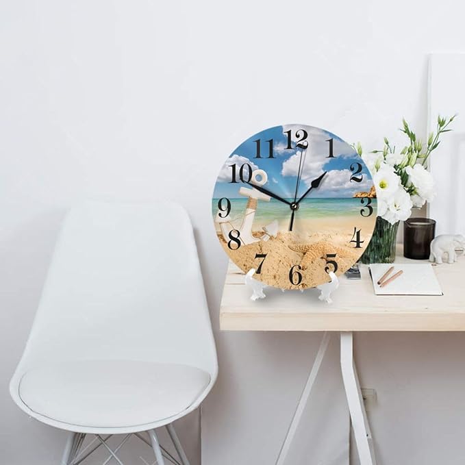 Sea Beach Starfish Nautical Anchor Wall Clock Battery Operated Silent Round Clock Wall Decor for Home Office School, 9.8 Inch