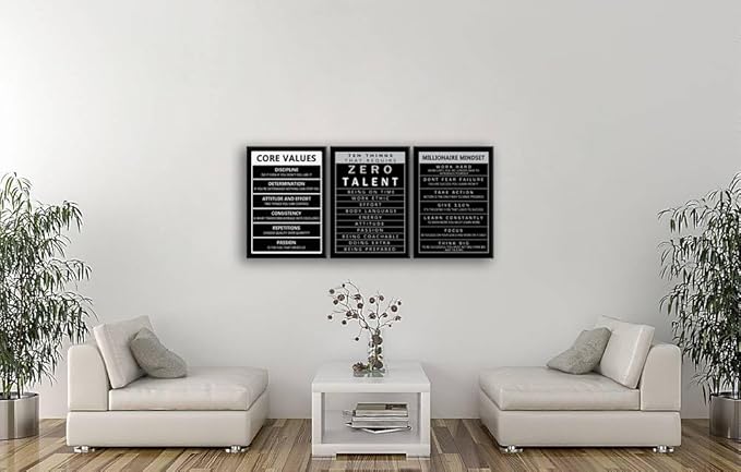 Inspirational Poster Ten Things That Require Zero Talent Motivational Wall Art 3 Pieces Core Values Canvas Prints Artwork for Living Room Modern Home Office Decor Painting Framed[60" W X 28" H]
