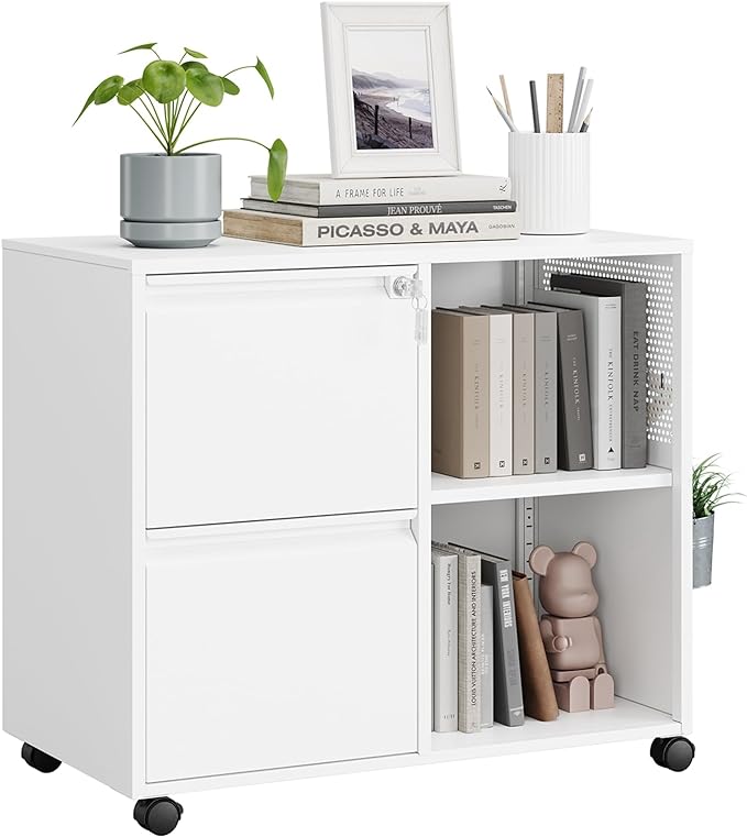 MIIIKO 2 Drawer File Cabinet on Wheels, Metal Filing Cabinets with Storage Shelf, Home Office Printer Stands, Mobile File Cabinet with Lock, White Lateral Cabinet Storage A4, Letter Size File Folders