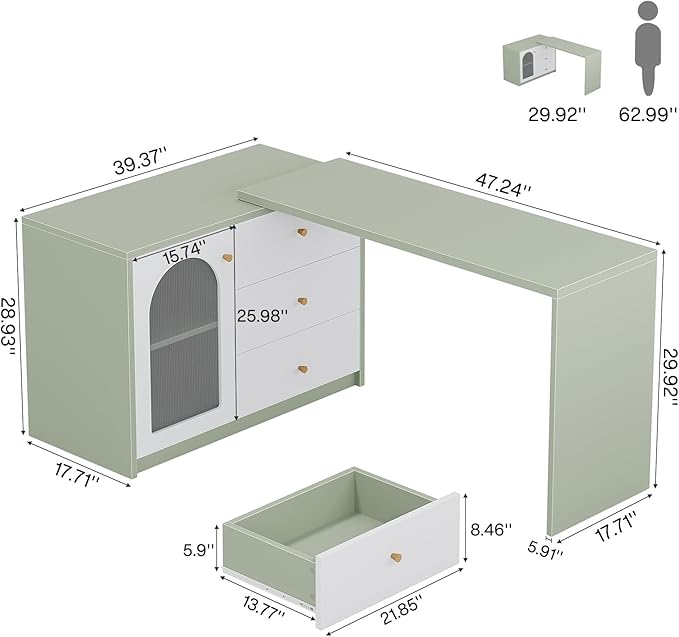 Tribesigns L-Shaped Computer Desk with Drawers, Modern Corner Home Office Desk with Reversible Storage Cabinet, Long Study Writing Desk Workstation for Home Office, Cyan & White
