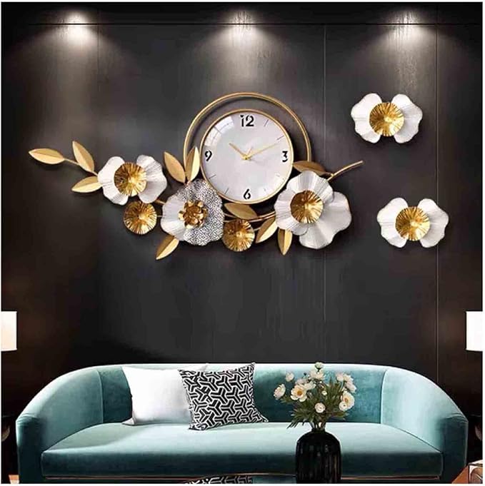 Wall Clock Large Decorative Hanging Wall Clocks,36.6 * 18.7in Wrought Iron Silent Non Ticking Ginkgo Leaf Wall Quartz Clock for Living Room Office Cafe Hotel,White Clock (White A)