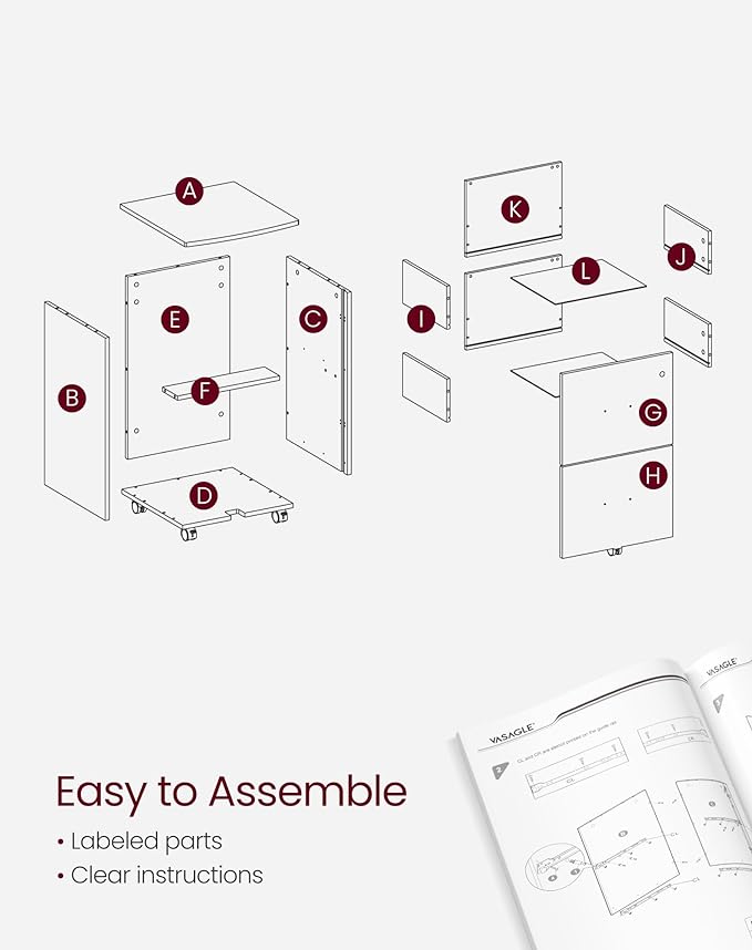 VASAGLE 2-Drawer File Cabinet, Locking Filing Cabinet for Home Office, Small Rolling Printer Stand, A4, Letter-Size Hanging Files, Assembly Required, Snow White ULCD027T46V2