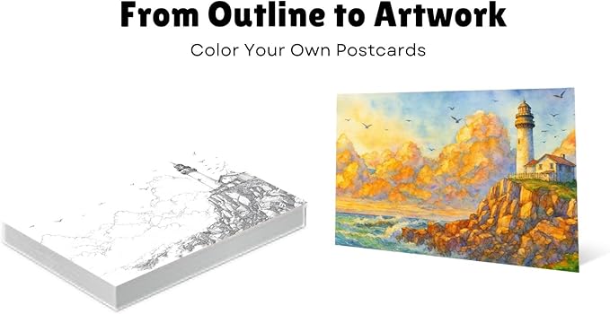 Artwink Watercolor Coloring Cards – Landscape Theme, 15 Sheets (5x7 Inches, 300gsm), Works with Watercolor, Colored Pencils, or Markers, Great for Coloring Book Lovers & Watercolor Painting Practice