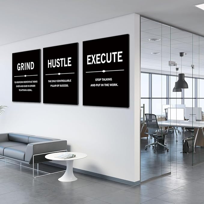 COSCTOR Set of 3 Motivational Wall Art Canvas for Office Workplace Garage Gym Living Room Bedroom Grind Hustle Execute Black and White Wall Decor Inspirational Quotes Posters for Paintings(Framed,12x16)