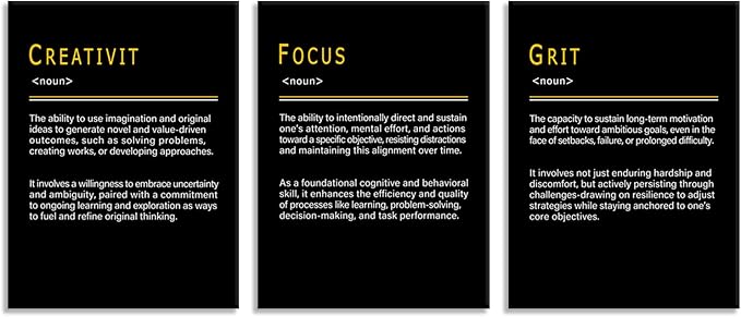 Inspirational Wall Art CREATIVITY FOCUS GRIT Noun Psychological Traits that Drive Success 3 Pieces Positive Quotes Poster Motivational Wall Decor for Office Home Bedroom Workplace [36''Wx 16''H]