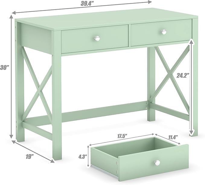 WiberWi Home Office Desk with Drawers, Small Writing Computer Desk for Bedroom, Modern Green Makeup Vanity Table for Girls, Study Table for Home Office