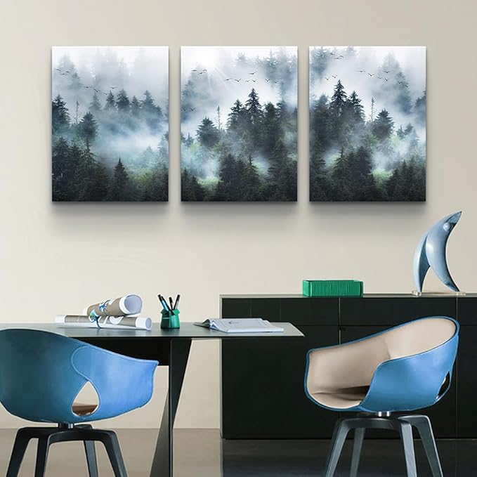 Lapremoly Canvas Wall Art for Bedroom and Living Room - Modern Office Decor Trees Landscape Picture - Foggy Forest Painting Artwork Framed Ready to Hang - Large Home Decoration 3 Set
