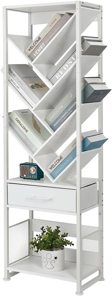 Bookshelf with Drawer,10 Tier Tree Bookcase Retro Floor Standing Bookshelves,Tall Wood Bookcases with Cabinet Storage Organizer for Living Room, Bedroom & Home Office, White