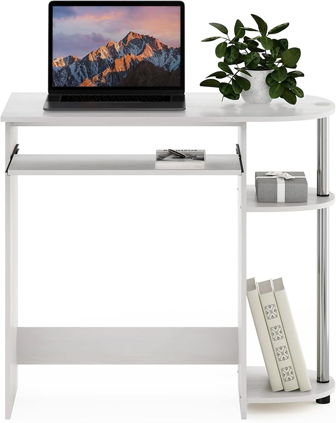 Furinno Simplistic Easy Assembly Computer Desk, with Keyboard Tray, White Oak/Stainless Steel