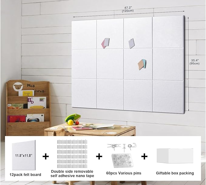 Felt Wall Tiles Bulletin Board Large Cork Board Alternative 12 Pack 11.81”x11.81”x0.47” Felt Pin Board Tack Board with Safe Removable Adhesive Tabs for Home Office School 48x36(White)