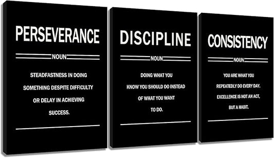 3 Pieces Motivational Posters Wall Decor Perseverance Discipline Consistency Inspirational Office Gym Positive Theme Picture Print for Living Room Workplace Stretched and Framed [60''W x 28''H]