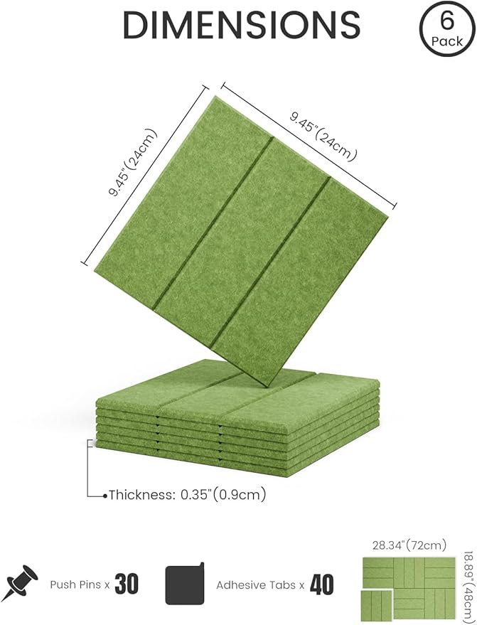 Fluxynara Felt Bulletin Board Tiles -28"x18" with 40 Adhesive Tabs, Cork Board Alternative for Office Decor, Push Pin Board Wall Organizer 6-Pack (Grass Green)