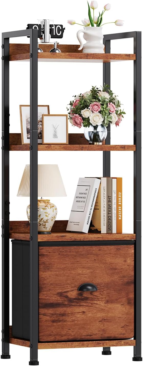 DUMOS 4 Tier Bookshelf, Bookcase with Fabric Drawer, Multi-Functional Display Standing Shelf for CDs/Books/Movies, Wood and Metal Storage Organizer in Bedroom, Living Room and Closet, Rustic Brown