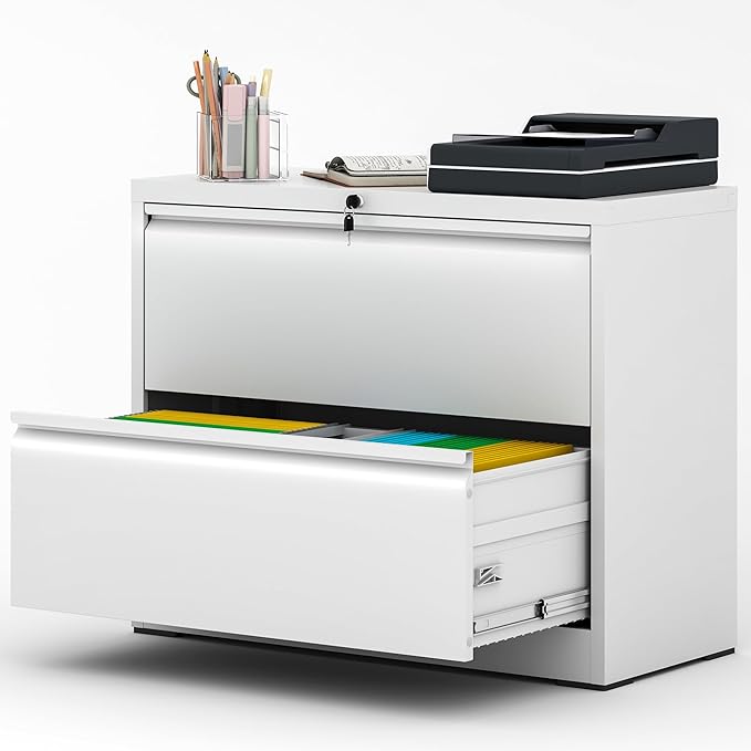 File Cabinet with Lock, 2 Drawer Lateral Filing Cabinet for Home Office, Metal Heavy Duty Office File Cabinets for Hanging Letter/Legal/F4/A4 Size Files, Assembly Required (White)