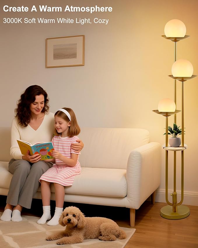 63IN Globe Floor Lamp with Shelf 3-Lights Modern Dimmable Floor Lamps with 3000K Soft Warm White Bulbs for Wedding/Party, Gold Tall Standing Lamp for Living Room/Bedroom
