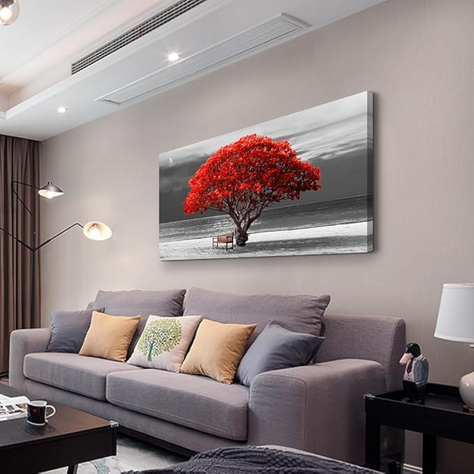 WapluamWall Decor Living Room Large Size Canvas Wall Art For Office Black White With Landscape Moon Wall Painting Red Trees Canvas Pictures Framed Artwork Bedroom Decor Home Decorations 30" X 60"