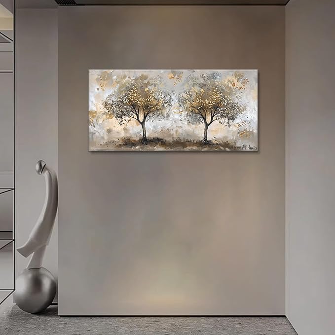 Boswaydeco Landscape Gold Tree Wall Art - Autumn Golden Forest Canvas Painting for Bedroom, Living Room, Office Decor - Gold Brown Picture Print