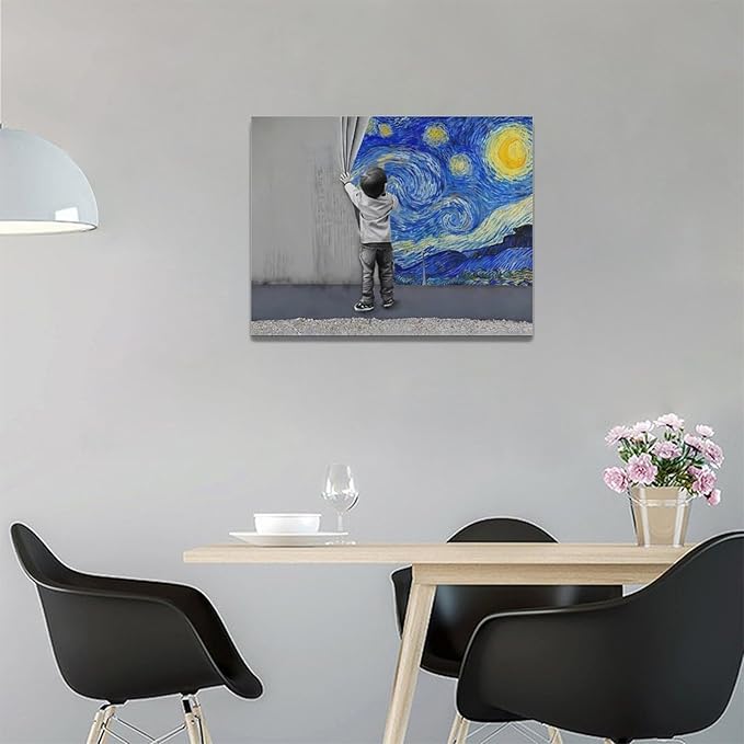 Banksy Wall Art Boys Starry Night Street Graffiti Pictures Wall Decor Kids Canvas Painting Pop Home Modern Artwork Decorations Framed for Living Room Bedroom Bathroom Office 16 x 12 inch