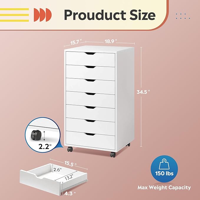 DEVAISE 7-Drawer Office Cabinets, Wood Storage Drawer File Cabinet with Wheels, White