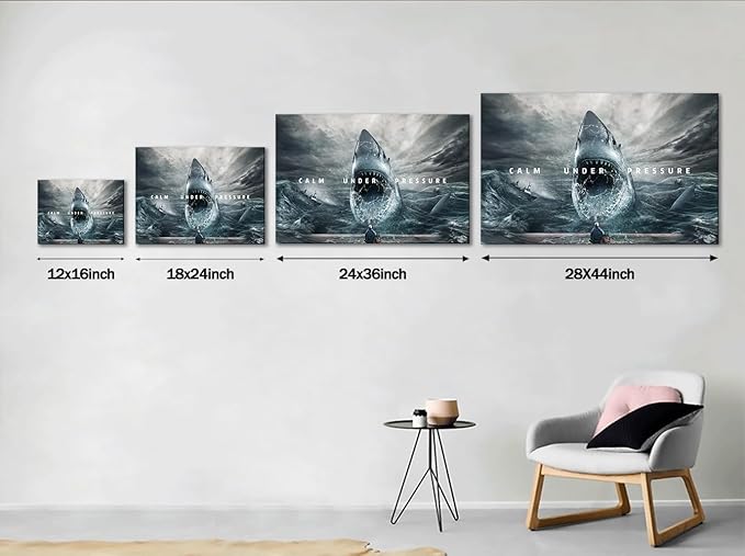 Motivational Wall Art Calm Under Pressure Inspirational Wall Decor Artwork Sharks and Angler Pictures Print Posters Stretched by Wooden Framed for Living Room Home Office Decor - 18”Hx24”W