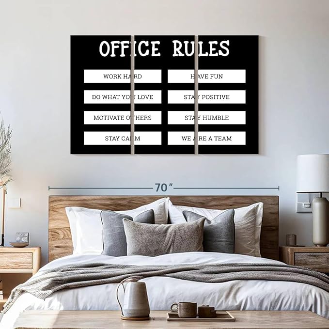 Elephant Stock - Office Rules Wall Art - Horizontal Multi Panel Canvas - 3 Piece Home Office Wall Decor - Digital Art Motivational Typography Multi Piece Wall Art - Black And White Decor by Cad Designs - 57" x 36"