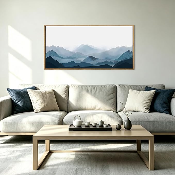 Blue Mountain Wall Art Fog Mountain Wall Decor Minimalist Mountain Artwork Blue Wall Art Decor 20x40 Inches Framed Mountains Art Minimalist Landscape Paintings Large Landscape Artwork for Bedroom Living Room Office Decor