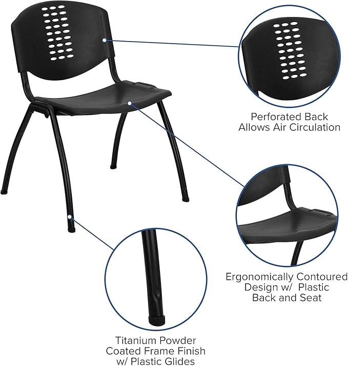 Flash Furniture 5 Pack HERCULES Series 880 lb. Capacity Black Plastic Stack Chair with Oval Cutout Back and Black Frame
