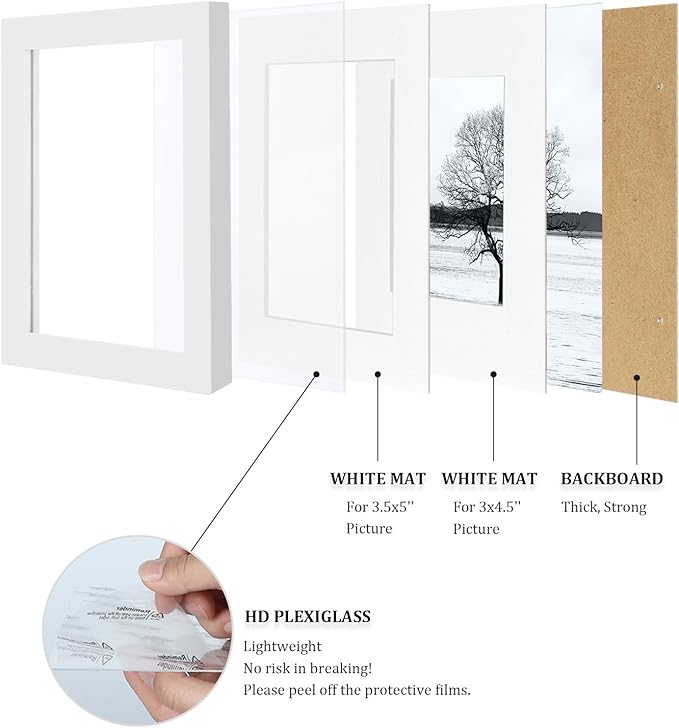 Egofine 4x6 Set of 6, Made of Solid Wood Covered by Plexiglass 3x4.5 and 3.5x5 with Mat or 4x6 without Mat, for Table Top Display and Wall Mounting Photo Frame, White