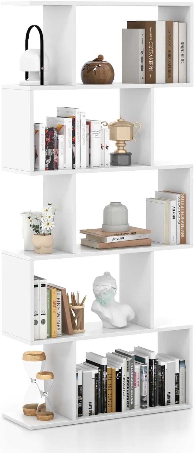 Tangkula 5-Tier Geometric Bookshelf, S Shaped Bookcase w/Anti-Toppling Device, Freestanding Room Divider, Industrial Home Office Decor Wood Open Storage Display Shelf for Living Room (1, White)