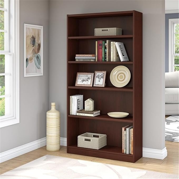Bush Home Universal Tall 5 Shelf Bookcase in Vogue Cherry, Vertical Storage and Display Bookshelf for Home Office or Living Room Organization