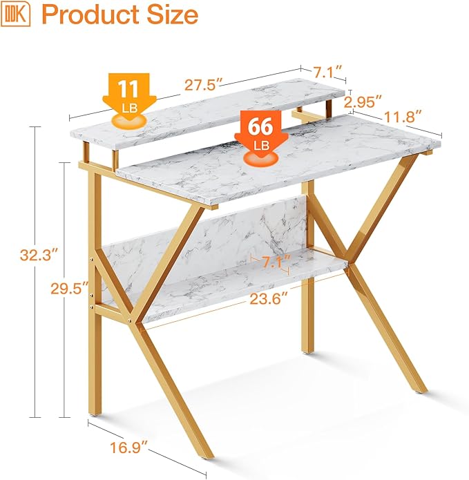ODK Small Desk, 27.5 Inch Computer Desk for Small Spaces, Kids Desk with Storage, Study Table with Monitor Stand for Homeschool, White Marble + Gold Leg