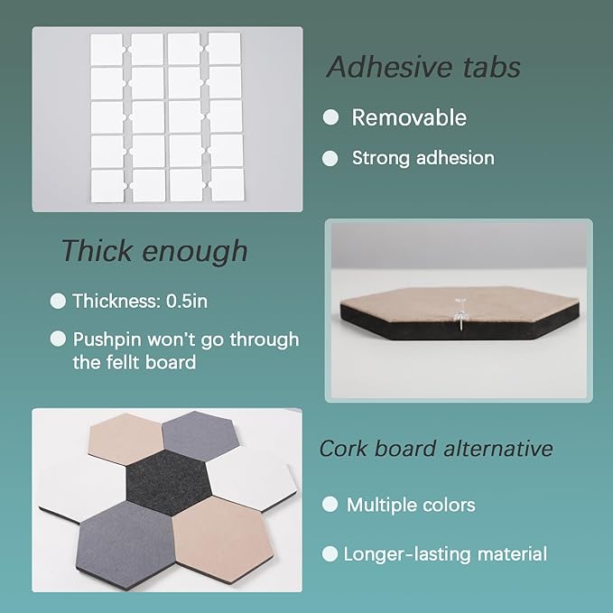 Felt Bulletin Board Tiles, 8 Pcs Hexagon Wall Tiles with Removable Adhesive, 7.9×6.9 Inch Cork Pin Board for Classroom, Home, Office (Set C, Middle)