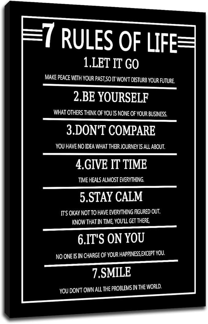 Inspirational Canvas Wall Art Picture Painting 7 Rules of Life Motivational Positive Quotes Poster Print Wall Decor Artwork for Modern Home Bedroom Living Room Gym Stretched and Framed [12''Wx18''H]