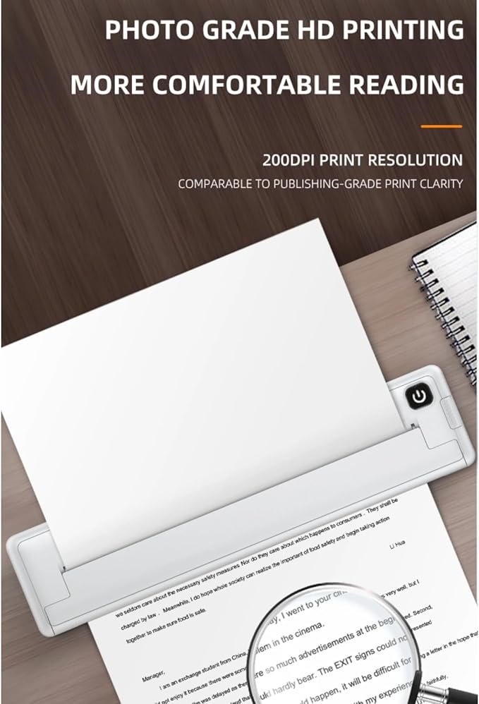 Yoidesu Portable Thermal Printer, Supports A4 Thermal Paper, 200DPI Inkless Mobile Travel Printers for Car School Office, Mini Bluetooth Printer for Android for iOS Phone