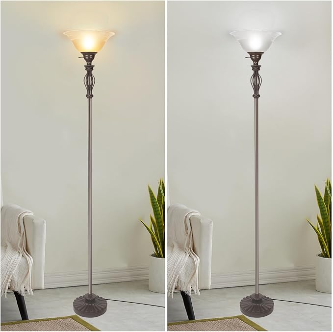 Torchiere Floor Lamps for Living Room, Standing Lamp with White Alabaster Glass Shade, Corner Floor Lamp Pole Lamp - Elegant Floor Lamp for Bedrooms with No Bulb (Brown)