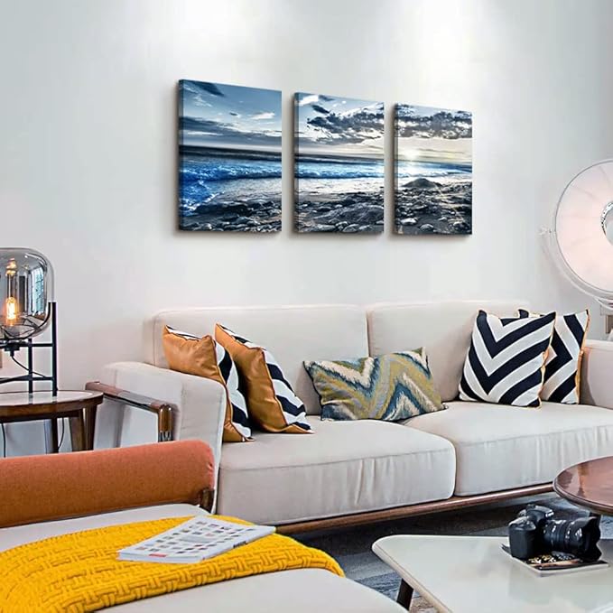 Canvas Wall Art for Living Room & Bedroom - Blue Beach Wall Pictures - Sun & Ocean Paintings - Office Wall Decoration - Seascape Poster Art Prints - Large Size - 20" X 28" - 3 Piece