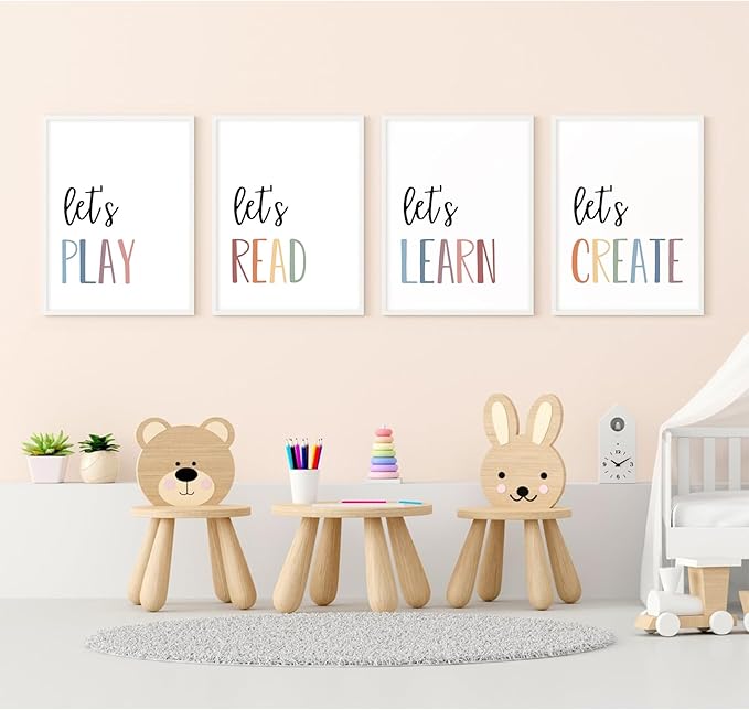 Youillne Playroom Kids Wall Art Decor Read Play Sign Classroom Children Wall Art Nursery Canvas Pictures Baby Girl Reading Posters Kids Artwork for 8x10 Inches Unframed Set of 4