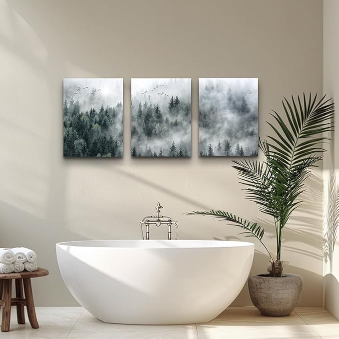 MHARTK66 Canvas Wall Art for Living Room - Modern Decorations for Bedroom, Foggy Forest Trees Landscape Painting - Office Decor Ready to Hang, Framed Pictures, 12x16 3 Panels