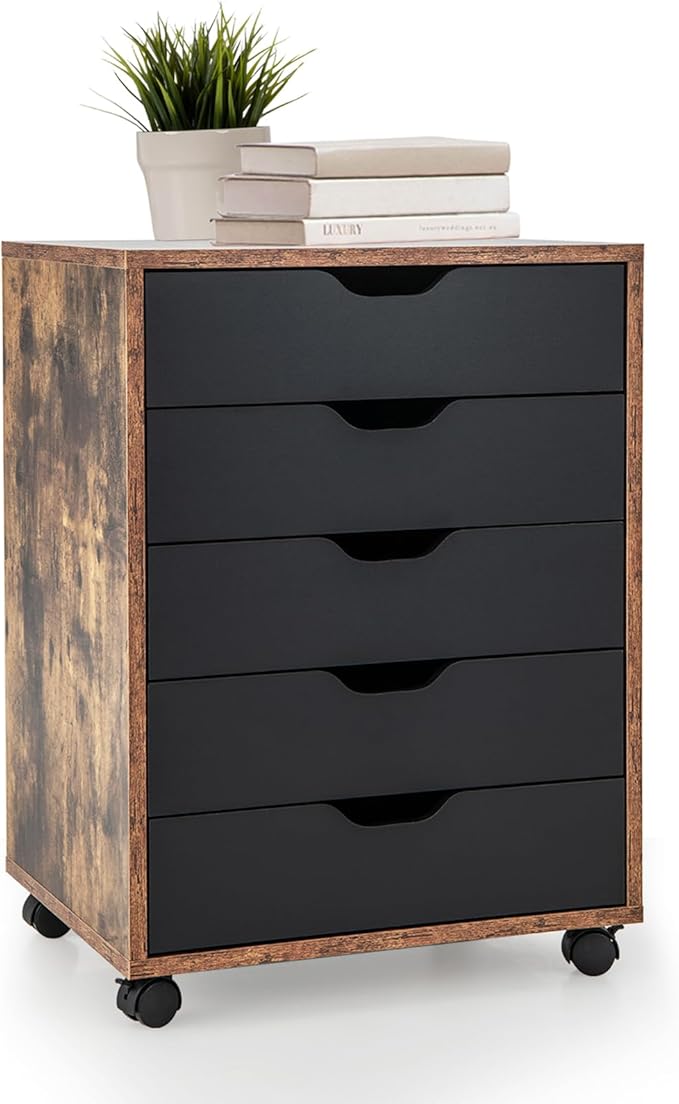 5 Drawer File Cabinet, 26.5" Vertical Filling Cabinet for Home Office, Under Desk Office Drawer Organizer, Universal & Lockable Casters, Rolling Printer Storage Rack