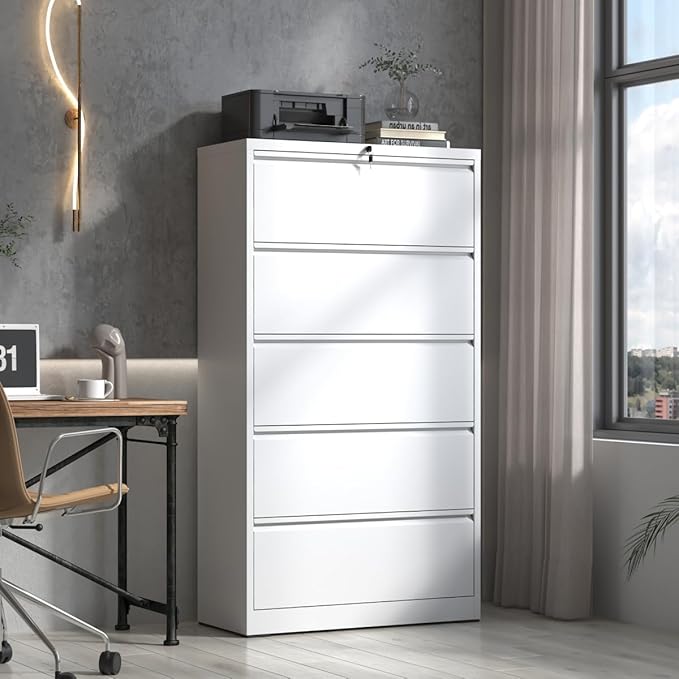 5 Drawer Lateral File Cabinet with Lock for Home Office Metal Filing Cabinet with Adjustable Hanging Rails Horizontal Filing Organization Storage Cabinet for Letter/Legal/A4/F4 Size White