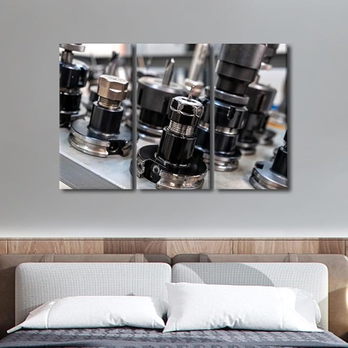 Factory Wall Decor Machine Drill Bits Canvas Prints Bathroom Artwork for Wall Office Living Room Wall Decor 3 Panel CNC Machine Tools Wall Art Framed Wall Art Posters & Prints, 42x28 Inch