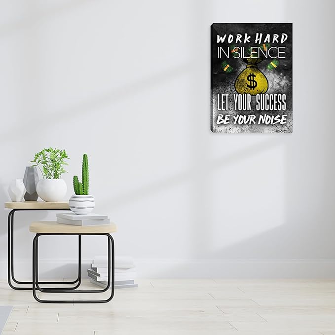 Motivational Success Wall Art Inspirational Work Hard Picture Poster Prints Art Painting Black and White Positive Office Wall Decor Wall Decorations for Home Living Room Bedroom Framed 12"x16"