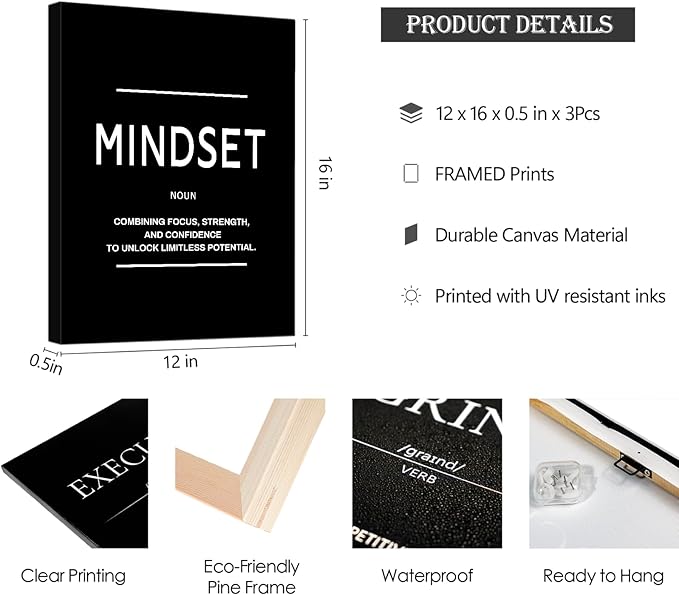 LMGOV Motivational Office Wall decor for Men, 12" x16" Mindset Wall Art for Bedroom, Black and White Canvas Painting for Bathroom, Positive Poster for Dorm, College, Gym