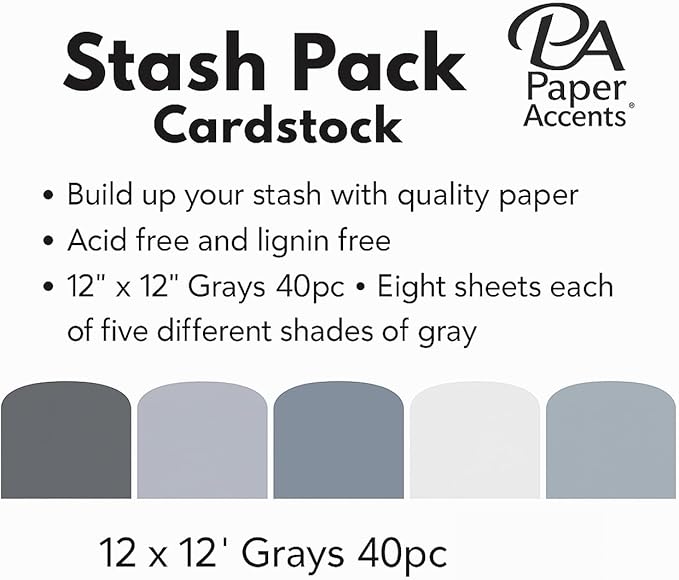 PA Paper Accents Stash Pack Cardstock Pack 12" x 12" Grays colored cardstock paper for card making, scrapbooking, printing, quilling and crafts, 65lb., 40 pieces