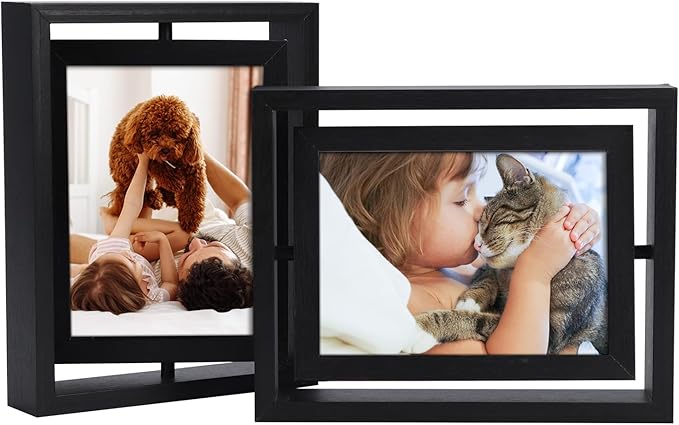 EXYGLO 2 Pack 5x7 Rustic Rotating Floating Picture Frames, Photo Frames for Vertical or Horizontal Tabletop Display, Black